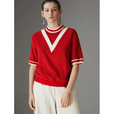 Shop Burberry Stripe Detail Cotton Terry Top In Military Red