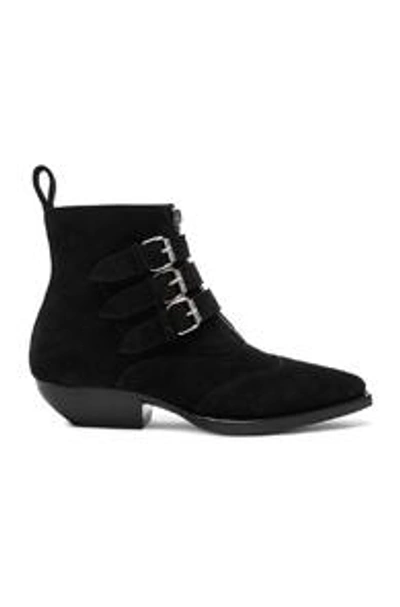 Shop Saint Laurent Suede Theo Buckled Ankle Boots In Black