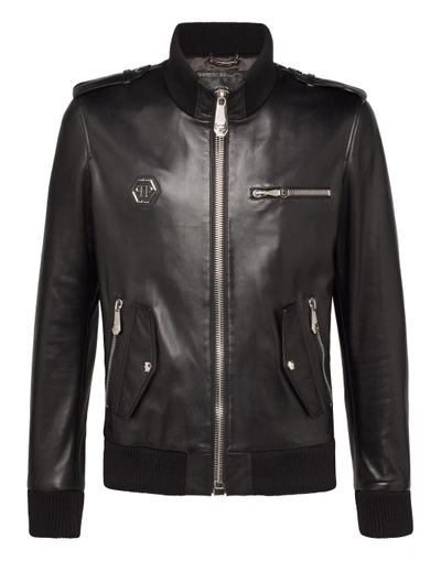Shop Philipp Plein Leather Jacket "metal"