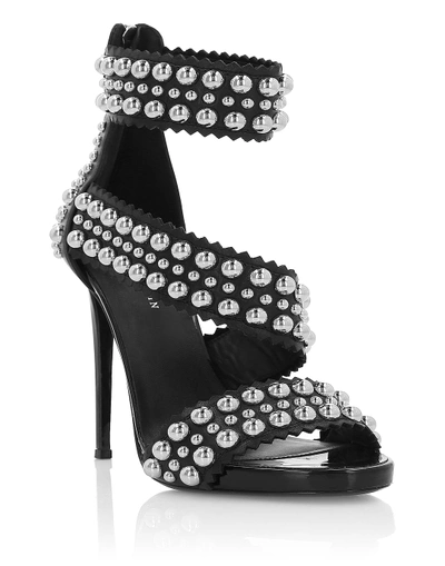 Shop Philipp Plein Sandals High Heels "rounded Studs" In Black/nickel