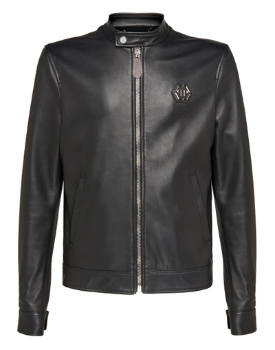 Shop Philipp Plein Leather Moto Jacket Original In Black