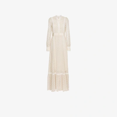 Shop Gucci Macramé Logo Lace-trimmed Gown In Nude/neutrals