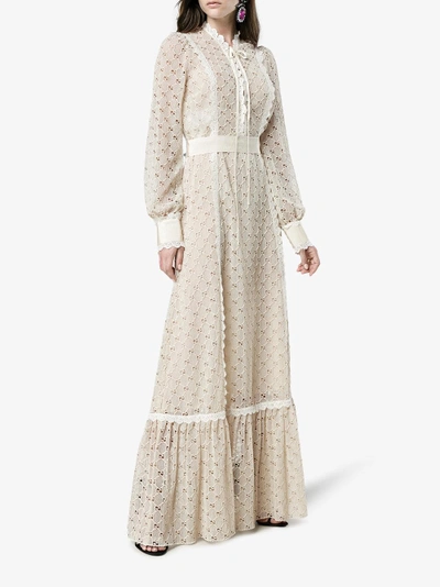 Shop Gucci Macramé Logo Lace-trimmed Gown In Nude/neutrals