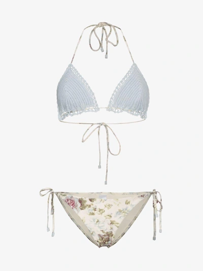 Shop Zimmermann Iris Crochet Floral Triangle Bikini In Nude/neutrals