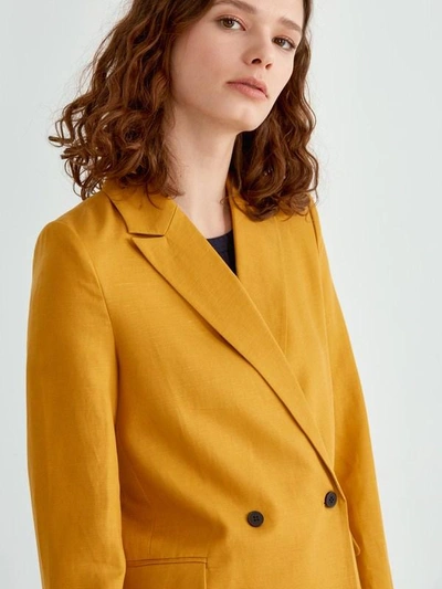 Shop Frank + Oak Double Breasted Linen Blend Blazer In Dark Honey Gold