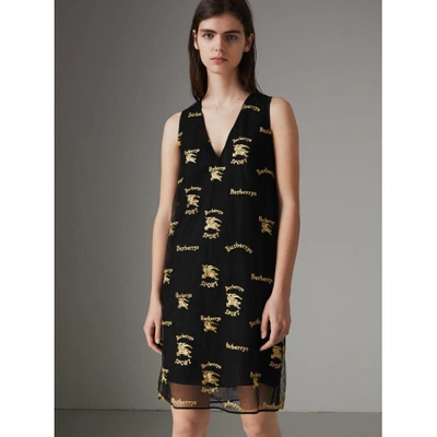Shop Burberry Archive Logo Embroidered Tulle Shift Dress In Black