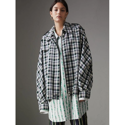 Shop Burberry Check Oversized Harrington Jacket In Dark Forest Green