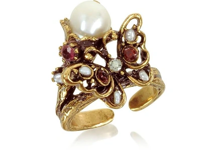 Shop Alcozer & J Designer Rings Butterfly Brass Ring W/glass Pearl In Doré