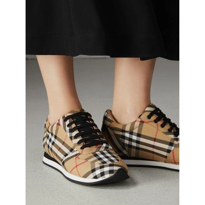 Shop Burberry Vintage Check Cotton Trainers In Antique Yellow