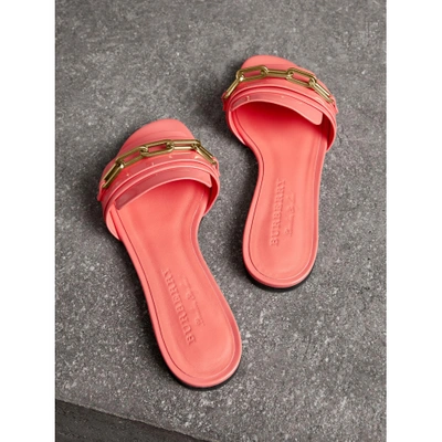 Shop Burberry Link Detail Patent Leather Slides In Pink Azalea