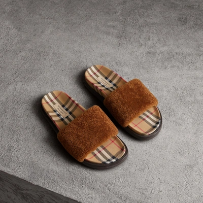 Shop Burberry Shearling And Vintage Check Slides In Tan