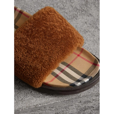 Shop Burberry Shearling And Vintage Check Slides In Tan