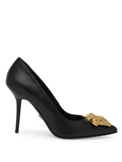 Shop Versace Gold Medusa Palazo Tribute Pumps In Black