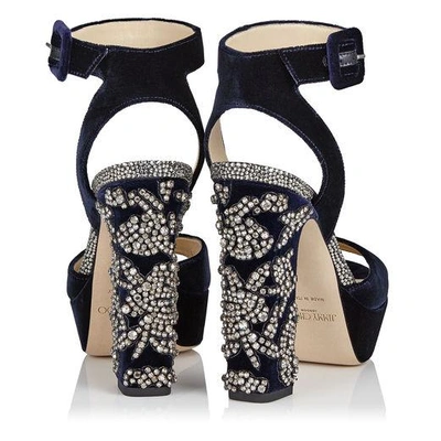 Shop Jimmy Choo Juliet 120 Navy Velvet Platform Sandals With Peony Crystal Embroidery