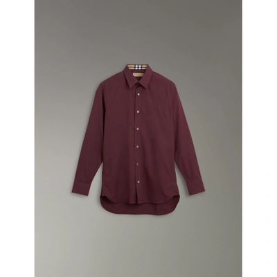 Shop Burberry Check Cuff Stretch Cotton Poplin Shirt In Oxblood