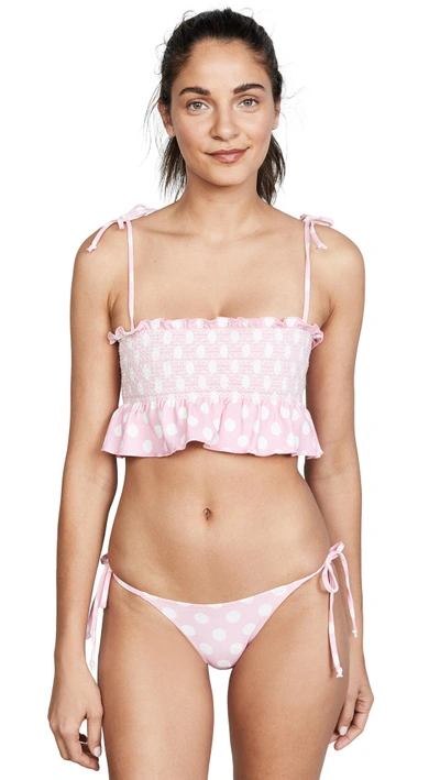 Shop Lisa Marie Fernandez Selena Smocked Bikini In Pink/cream Polka Dot Crepe