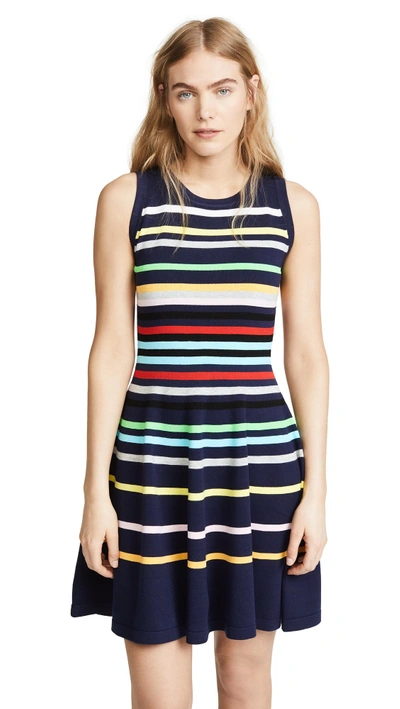 Shop Milly Rainbow Stripe Flare Dress In Navy Multi