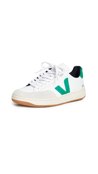 Shop Veja V-12 Sneakers In White/emeraude