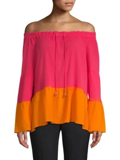 Shop Donna Karan Colorblock Drawstring Blouse In Shocking Pink Tangerine
