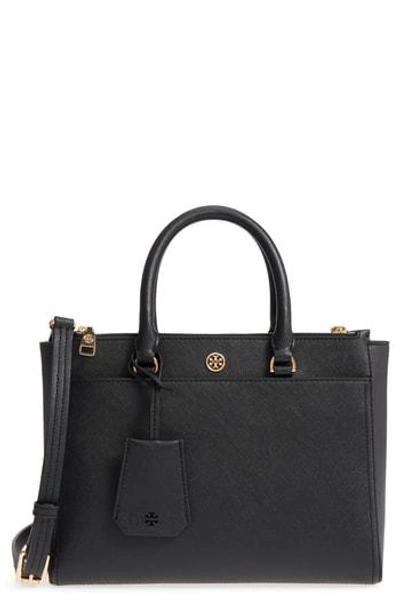 Shop Tory Burch Small Robinson Double-zip Leather Tote - Black In Black / Royal Navy