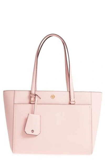 Shop Tory Burch Small Robinson Leather Tote - Pink In Pale Apricot / Royal