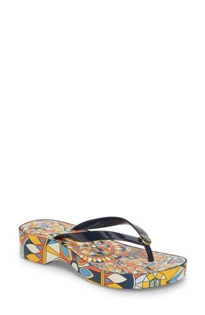 Shop Tory Burch Wedge Flip Flop In Tory Navy/ Psychedelic Geo