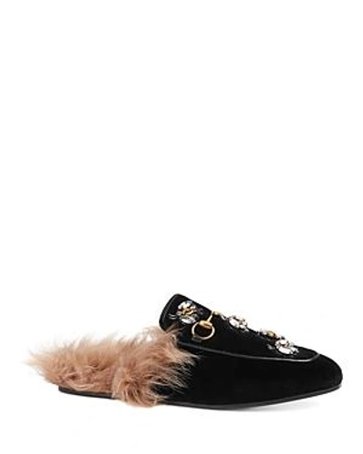 Shop Gucci Women's Princetown Embroidered Velvet & Lamb Fur Mules In Black