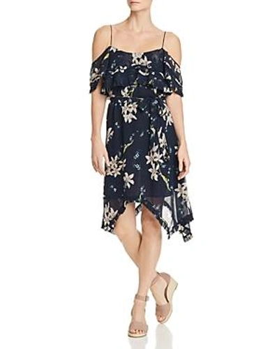 Shop Paige Sahar Cold-shoulder Floral Silk Dress In Rich Navy Multi