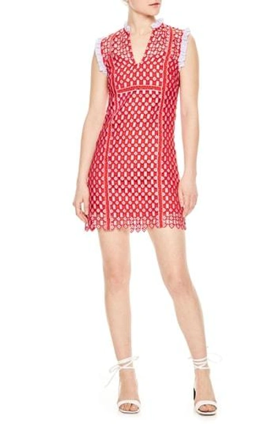 Shop Sandro Textured Lace Split Neck Dress In Red