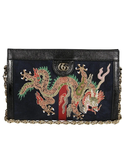 Shop Gucci Dragon Embroidered Small Shoulder Bag In Blue