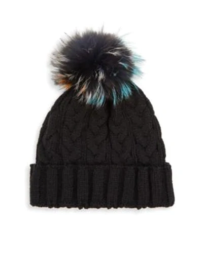 Shop Adrienne Landau Cable-knit Fox Fur Hat In Black Multi