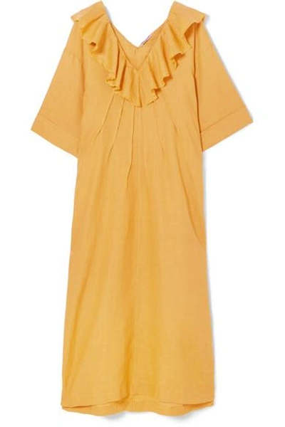 Shop Three Graces London Inez Oversized Ruffled Linen Maxi Dress In Saffron