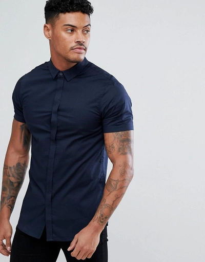 Armani Exchange Slim Fit Cotton Stretch Short Sleeve Shirt In Navy - Navy |  ModeSens
