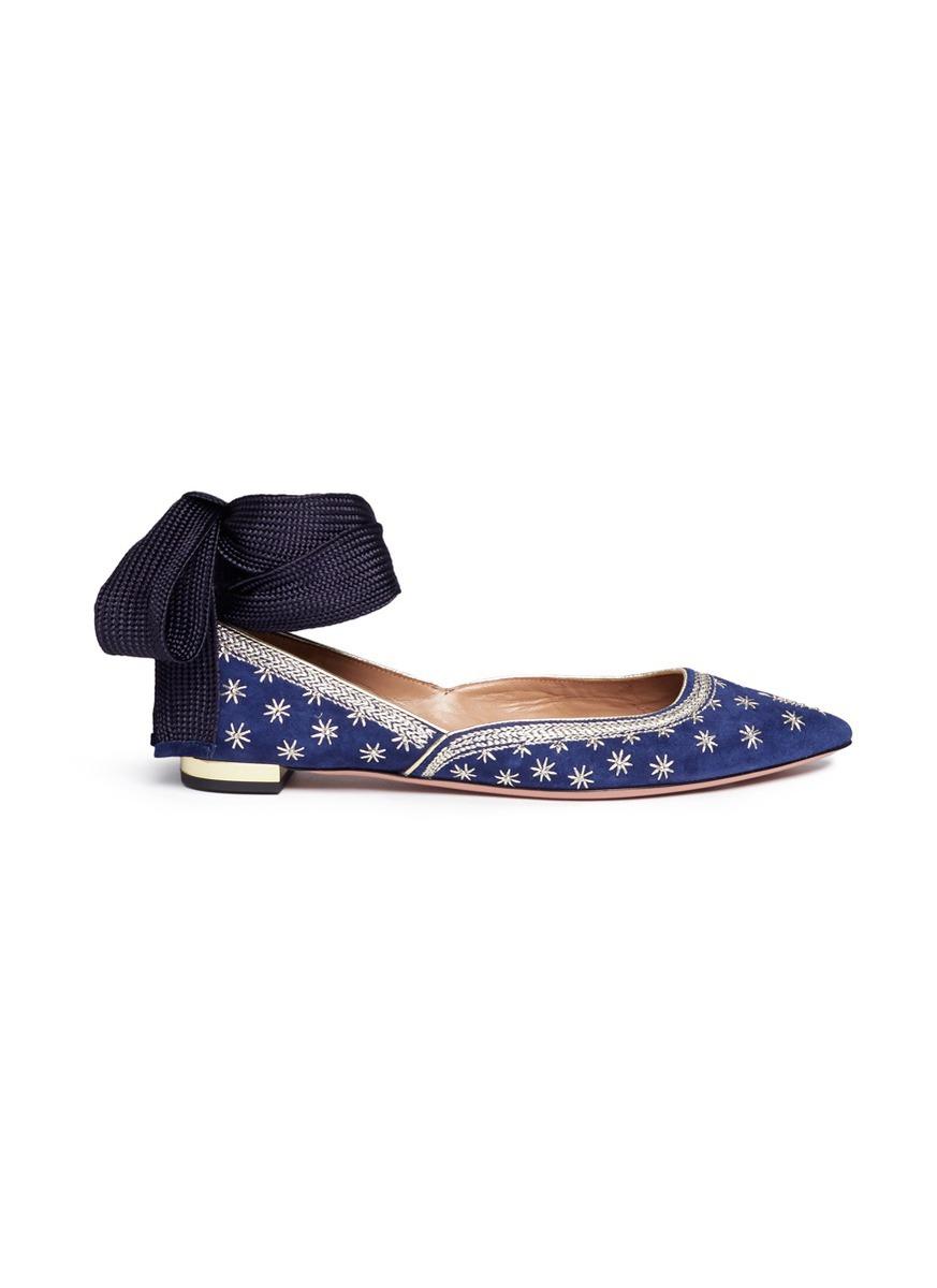 Aquazzura Bliss绕踝系带八角星绒面尖头平底鞋 Modesens