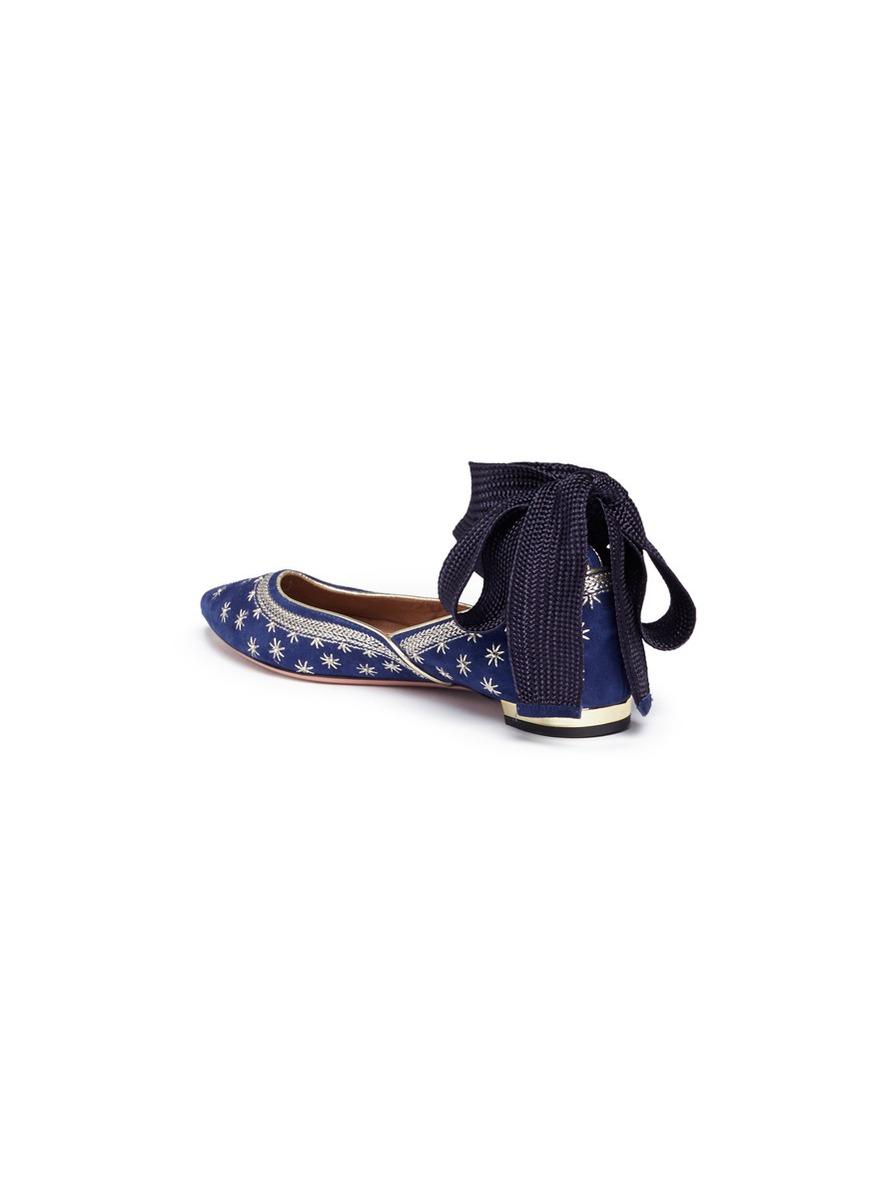 Aquazzura Bliss绕踝系带八角星绒面尖头平底鞋 Modesens