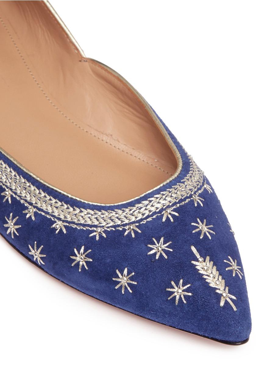 Aquazzura Bliss绕踝系带八角星绒面尖头平底鞋 Modesens