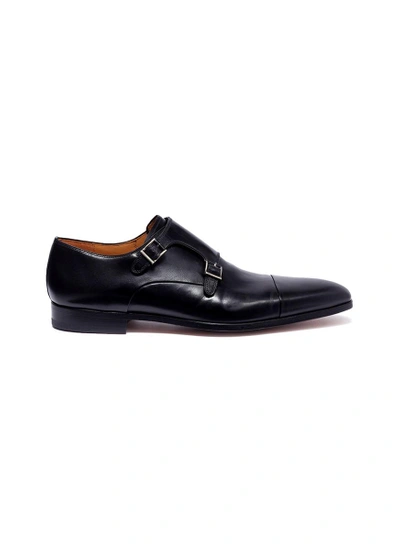 Shop Magnanni Double Monk Strap Leather Shoes In Black