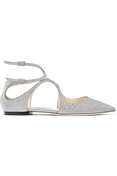 Shop Jimmy Choo Lancer Glittered Leather Point-toe Flats In Silver