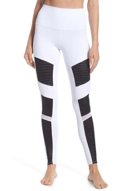 Shop Alo Yoga High Waist Moto Leggings In White/ Black Glossy