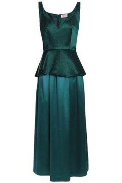 Shop Lanvin Cloqué-paneled Silk-satin Peplum Midi Dress In Emerald