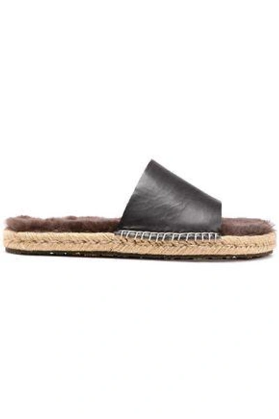 Shop Australia Luxe Collective Woman Shearling-trimmed Leather Espadrille Slides Black