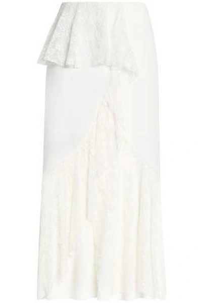 Shop Goen J Goen.j Woman Crepe De Chine-paneled Embroidered Tulle Maxi Skirt Ivory