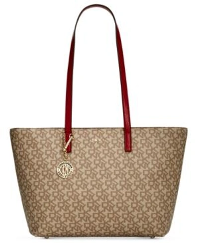 Shop Dkny Bryant Signature Tote, Created For Macy's In Khaki/red/gold