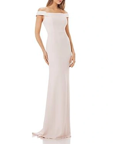 Shop Carmen Marc Valvo Infusion Off-the-shoulder Crepe Gown In Blush