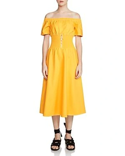 Shop Maje Relera Zip Detail Off-the-shoulder Dress In Yellow