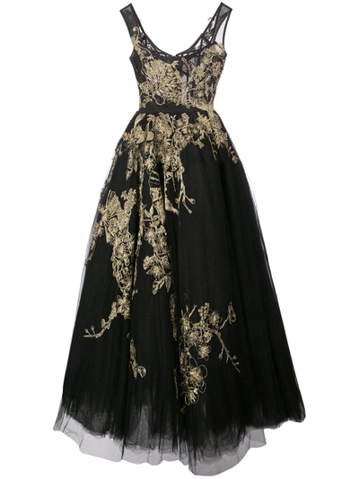Shop Marchesa Metallic Embroidered Tulle Gown - Black