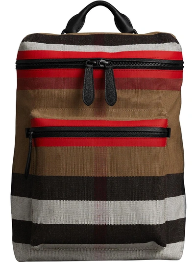 Shop Burberry Zip-top Leather Trim Canvas Check Backpack - Red