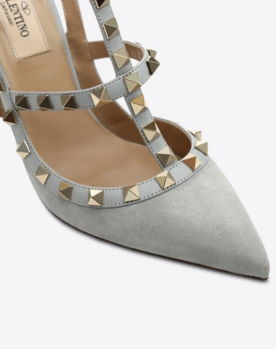 Shop Valentino Suede Rockstud 100mm Ankle Strap Pump In Grey