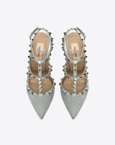 Shop Valentino Suede Rockstud 100mm Ankle Strap Pump In Grey