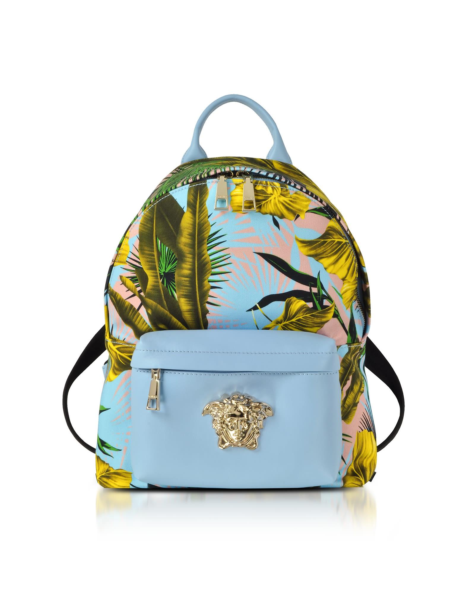 Versace Jungle Print Cotton And Nappa Leather Palazzo Backpack In Sky